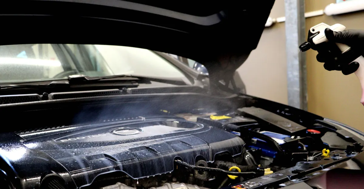 Motorraum wird mit einer Sprühflasche gereinigt